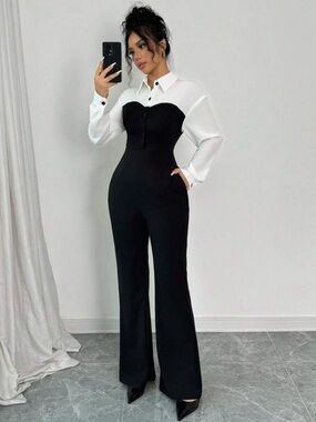 Shein XXS Petite Contrast Color Collared Fitted Flare Leg Jumpsuit Pants Work